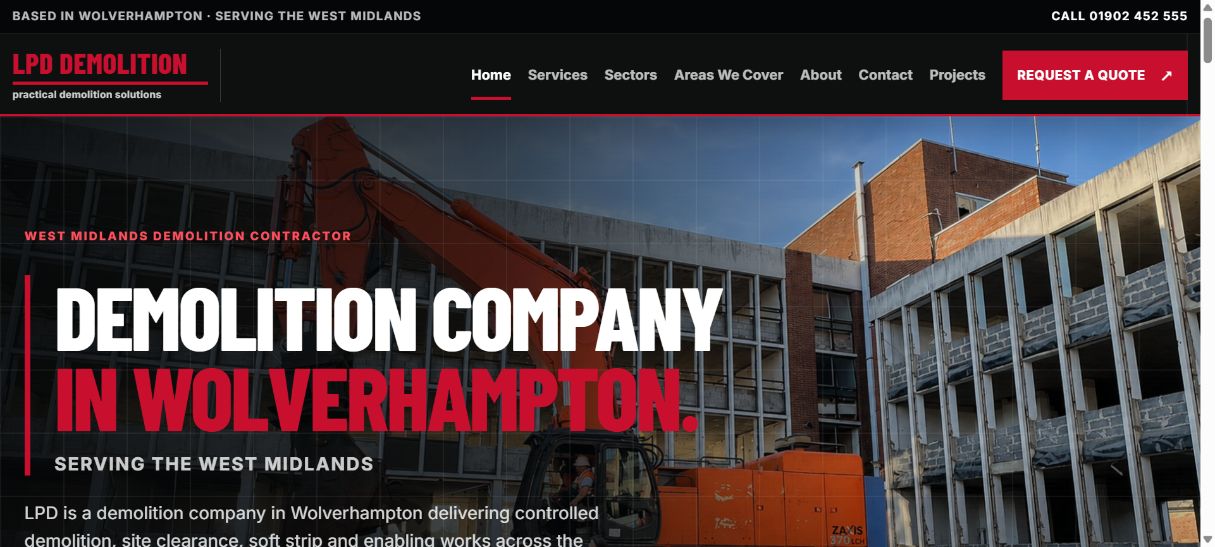 LPD Demolition website homepage with red and white headings over a demolition site photograph.