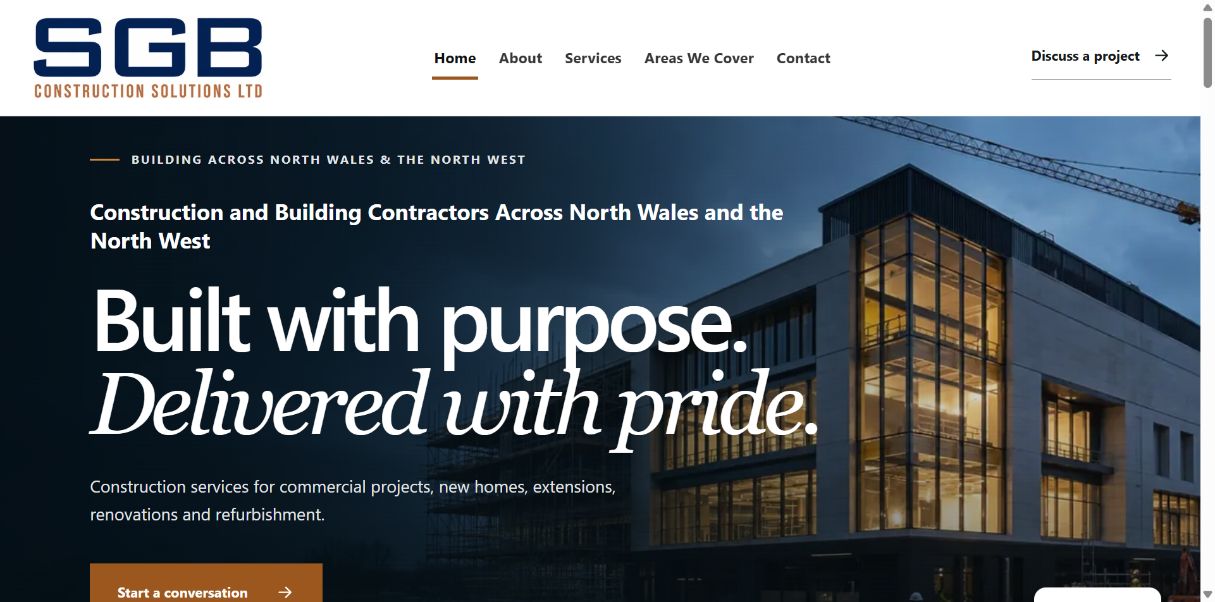 SGB website homepage with a contemporary building photograph and navy construction heading.
