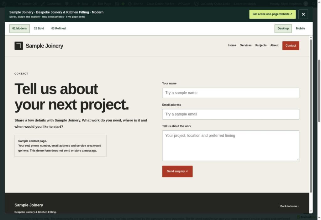 Contact page in the live website demo, with a short form and clear prompt to ask about work.