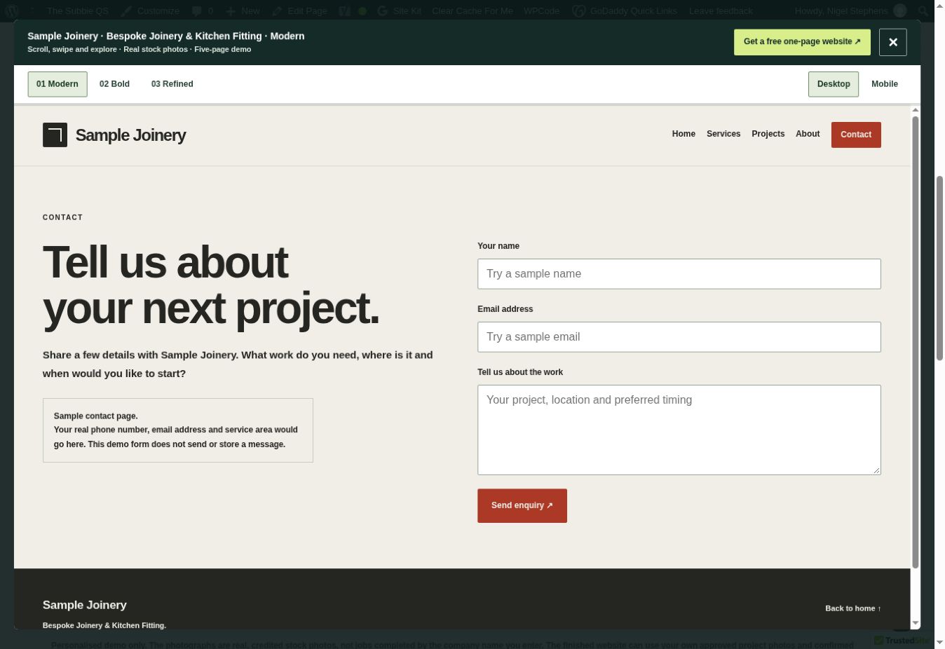 Contact page in the live website demo, with a short form and clear prompt to ask about work.