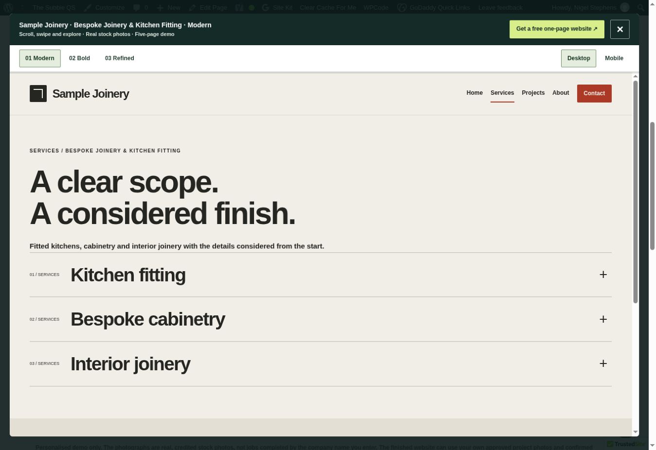Services page in the live website demo, with a short menu and three joinery services.