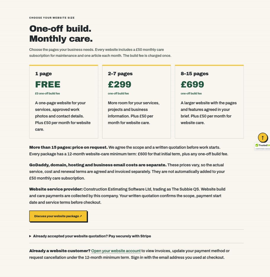 Live website prices: free one-page build, 2–7 pages £299, 8–15 pages £699, plus £50 monthly care.