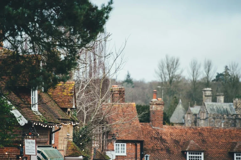 Real photograph of roof tiles and chimney details in Beaulieu, United Kingdom