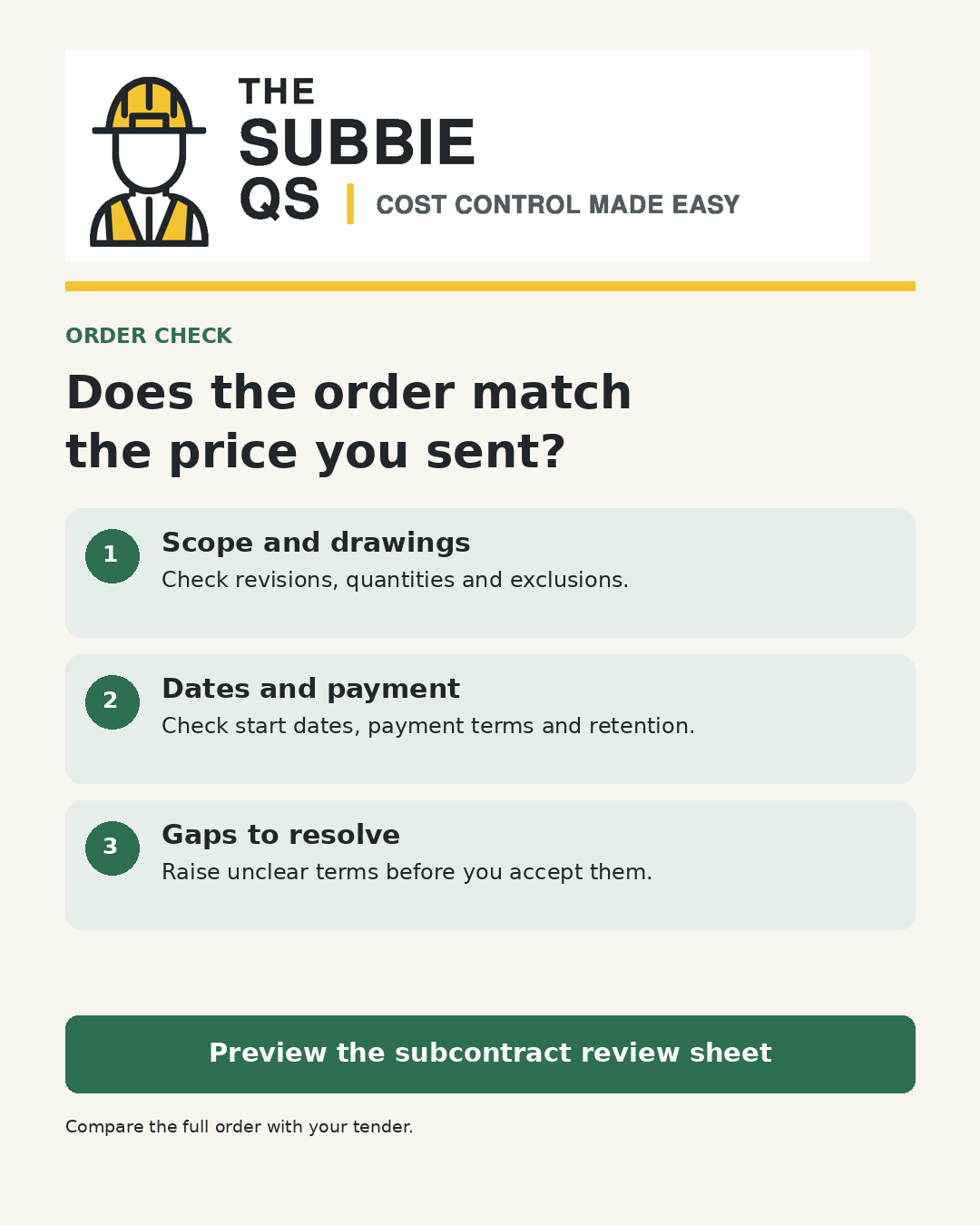 Does the order match the price you sent? Scope and drawings: Check revisions, quantities and exclusions. Dates and payment: Check start dates, payment terms and retention. Gaps to resolve: Raise unclear terms before you accept them.